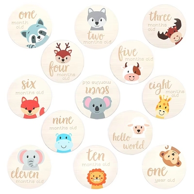 kopen Maandelijkse mijlpaal kaart set 100mm Houten schijven voor schattig dieren mijlpaal kaarten van uw pasgeboren jongen / meisje online manufacture