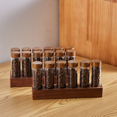 Beli Kopi biji pemisahan tabung uji kaca Walnut display rak tabung tunggal penyimpanan penyimpanan set kopi disegel Jar Bau botol online manufacture