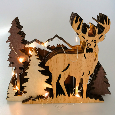 comprar Decoração de escritório Decoração de alce esculpida em madeira Estátua de alce de madeira Cervo 3D Animal de várias camadas Fabricação em linha