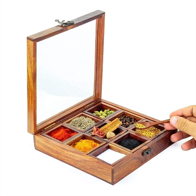 comprar Caja de almacenamiento cuadrada de 8 pulgadas de madera hecha a mano con varios compartimentos. online manufacture