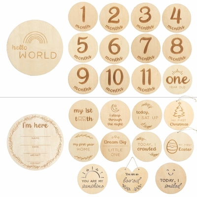 Hout Aanpassen Baby Maandelijkse mijlpaal Kaart Houten Dubbelzijdige Laser Gravure Discs Craft Kaarten met Drawstring Bag
