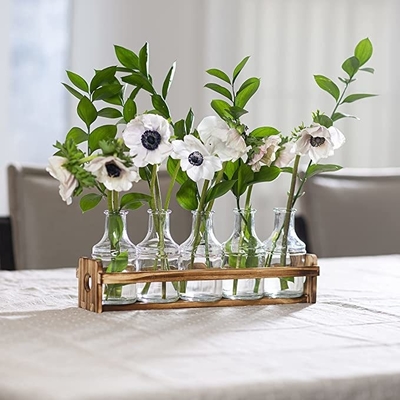 Vaso de vidro para flores com vasos de madeira para flores