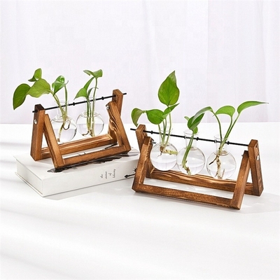 Groothandel Planten Terrarium met houten standlamp Glas vaas Retro Tafelplank voor Hydroponics Huishouden Tuin Office Decoratie