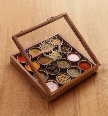 Houten handgemaakte specerijdoos met 16 ronde compartimenten & lepel, houten specerijdoos Set Moedersdag cadeau