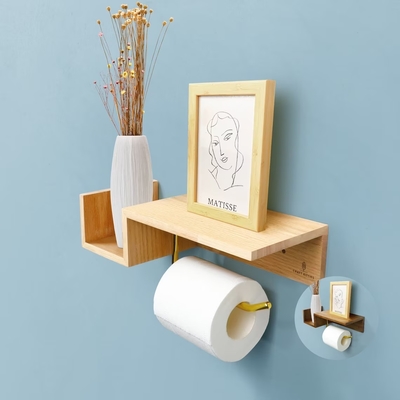 Houten wc-papierhouder Houten wc-papierhouder met macrame-stijl telefoonhouder Gemakkelijk opslaan Wandplank