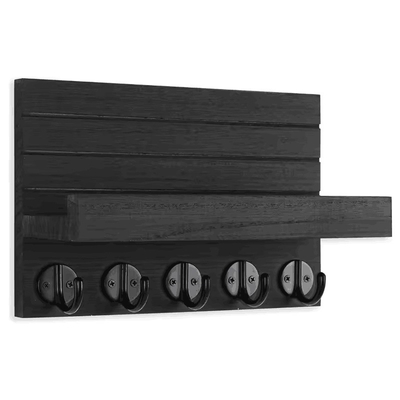 Houten sleutelhanger voor muur, decoratieve sleutel en posthouder met plank heeft grote haken voor tassen, jassen, paraplu's