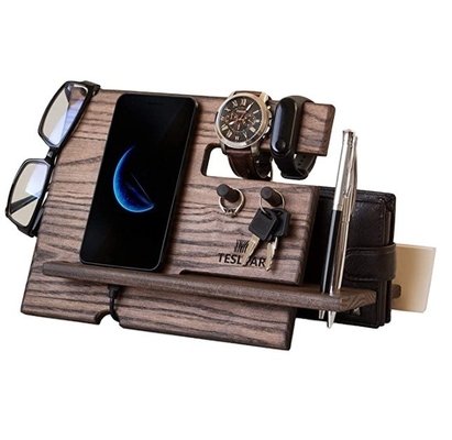 Natuurlijke Walnut Ash Hout Telefoon Docking Station Sleutelhanger Portemonnee Stand Horloge Organisator Mannen Gift Desktop opslagrek