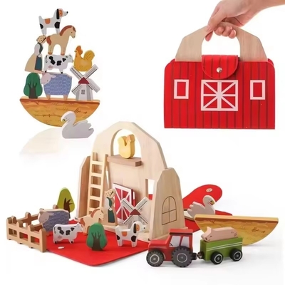 Conjunto clássico de brinquedos de celeiro - Brinquedos de madeira para crianças pequenas - Animais de fazenda - Celeiro de agricultor com alça de transporte