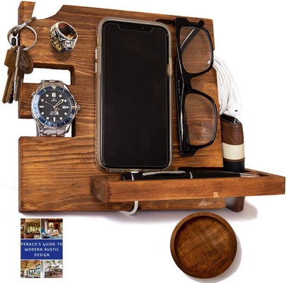 Houten dokstation voor mannen en nachtkast Organisator - houdt telefoon sleutels horloge portemonnee Ring Pen bril Ring