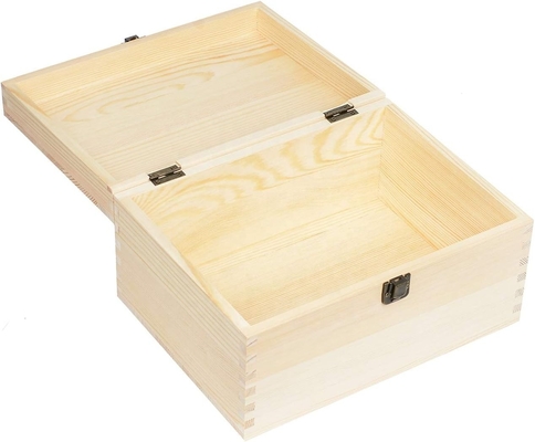 Warm te koop op maat gemaakte onvoltooide boomhoutdoos Natuurlijke doe-het-zelf handwerk stoffakken met scharnieren deksel en voorklem